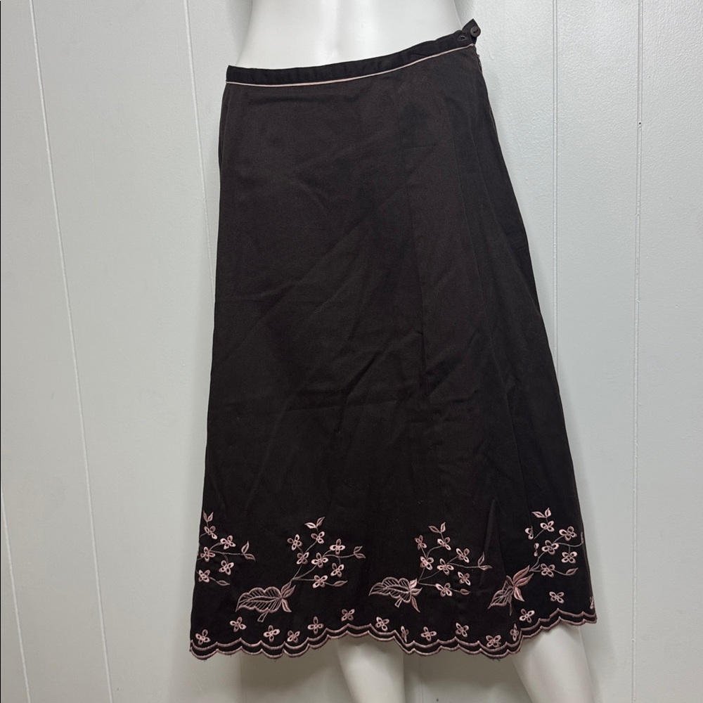 April Cornell NOS y2k brown pink skirt midi brand new floral embroidery